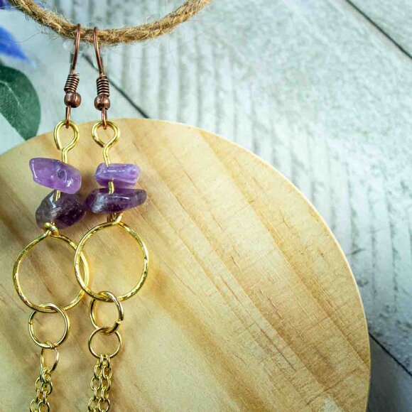 Amethyst Chip Earrings with 14k Gold Dangle Chain and Gold Hoop Drop - Picture 11 of 15